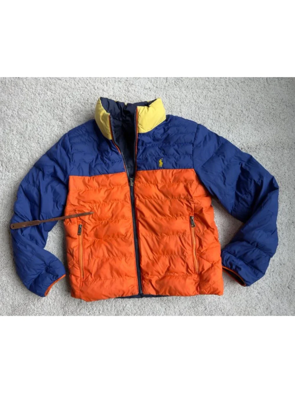 Polo Ralph Lauren Boys Reversible Coat Size M 10-12 Puffer Jacket Orange / Navy
